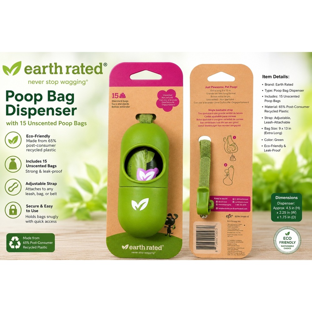 Earth Rated Dog Waste Bag Dispenser with 15‎ Lavender Scented Poop Bags Green